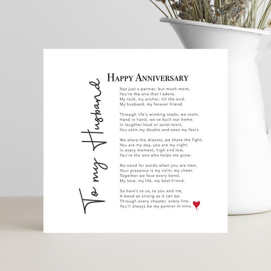 Romantic anniversary card for husband with heartfelt message about your love story.