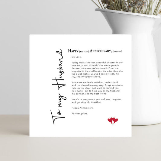 Custom romantic anniversary card for husband, wedding day keepsake