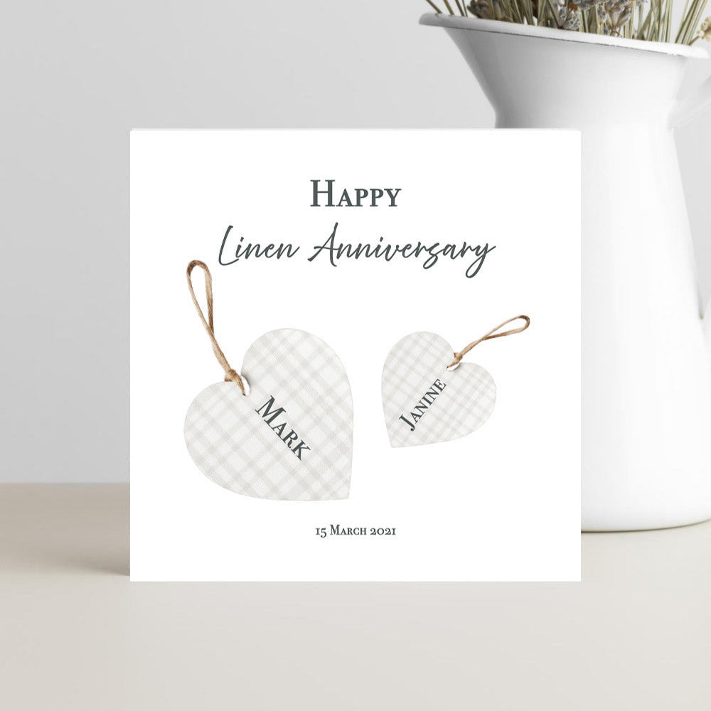 Personalised linen 4th anniversary card with custom names and date