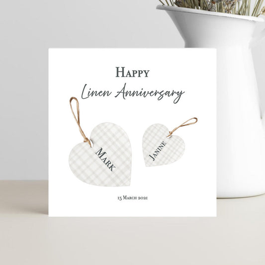 Personalised linen 4th anniversary card with custom names and date