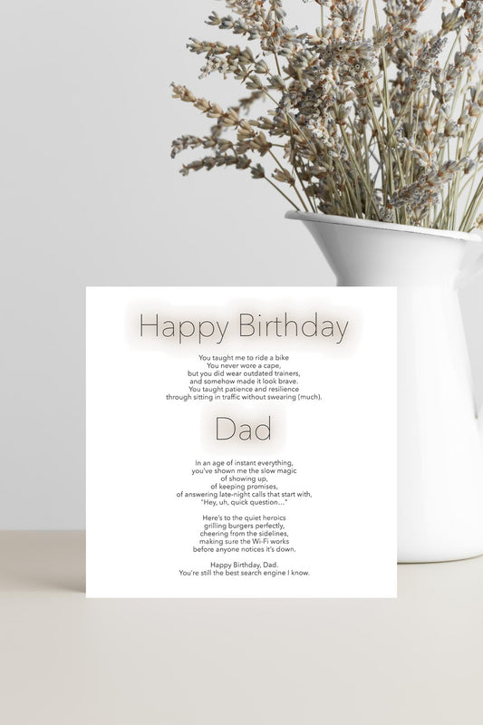 Happy birthday dad card with words of admiration.