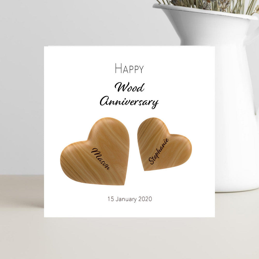 Card with wooden heart-shaped tokens and 'Happy Wood Anniversary' text on a white background.