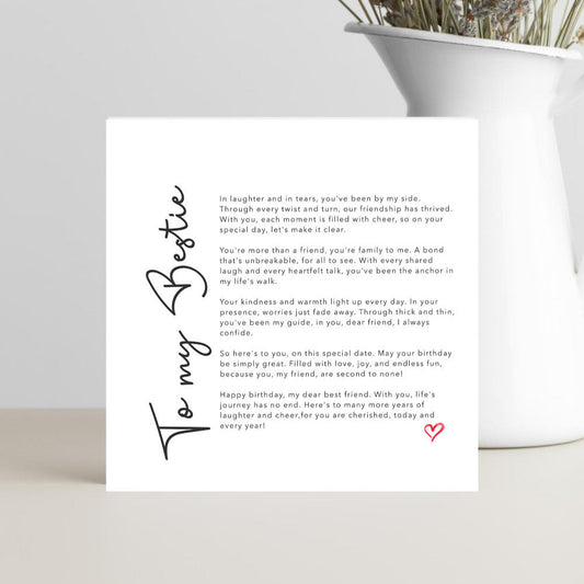 Greeting card with text 'To my Bestie' on a white background with verses of friendship and admiration for a BFF.