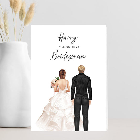 Illustrated “Will You Be My Bridesman?” card with custom bride and bridesman