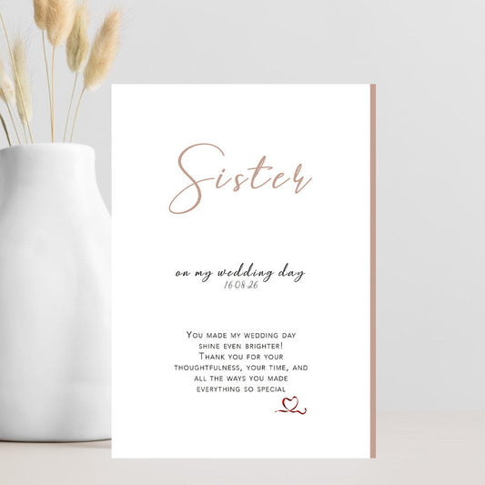 Wedding card titled “Sister, You’ve Made the Day Shine Even Brighter” with elegant minimalist design and soft neutral tones — perfect sister thank-you card for wedding day.