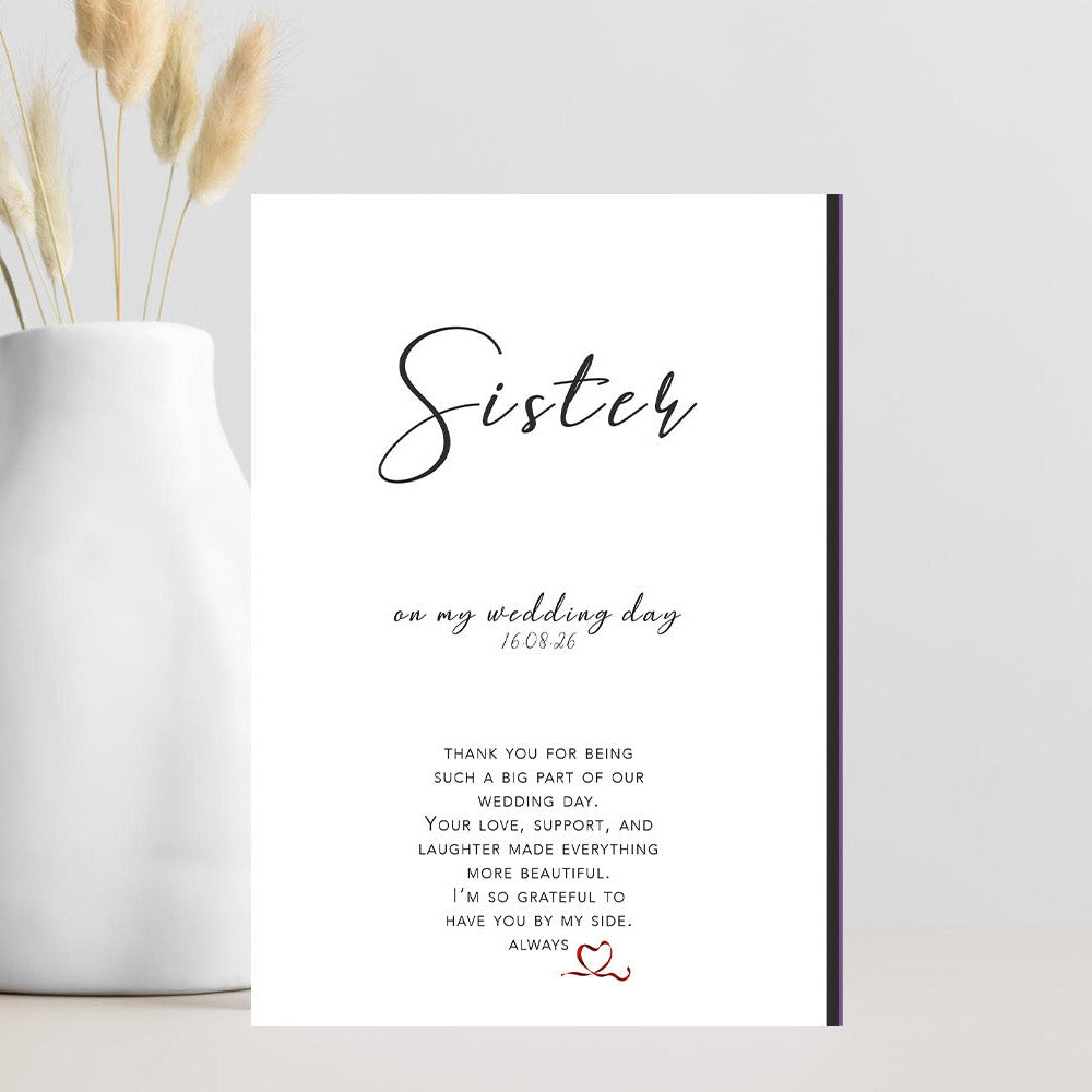 Wedding card titled “Sister, Thank You for Being Such a Big Part of Our Wedding Day” with elegant minimalist design and soft neutral tones — perfect sister thank-you card for wedding day.