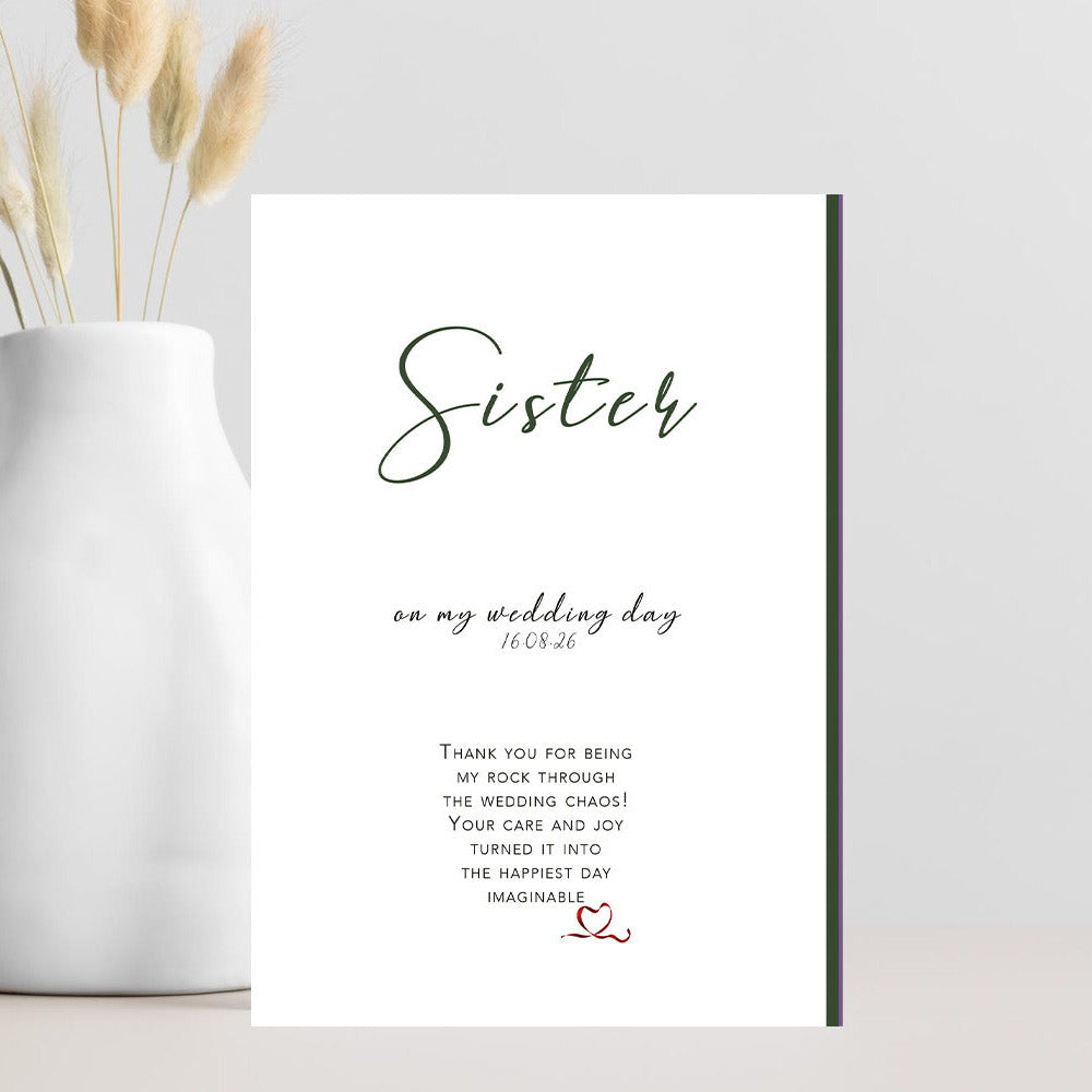 Wedding card titled “Sister, Thank You for Being My Rock” with elegant minimalist design and black right-hand  trim — perfect sister card for wedding day.