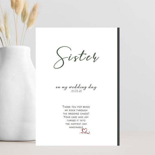 Wedding card titled “Sister, Thank You for Being My Rock” with elegant minimalist design and black right-hand  trim — perfect sister card for wedding day.