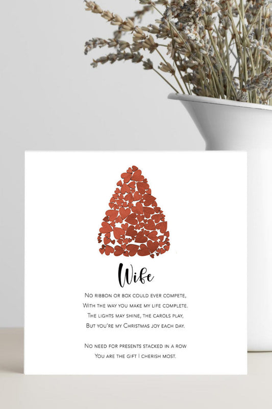 Card with red abstract hearts Christmas tree design with love poem for a wife at Xmas.