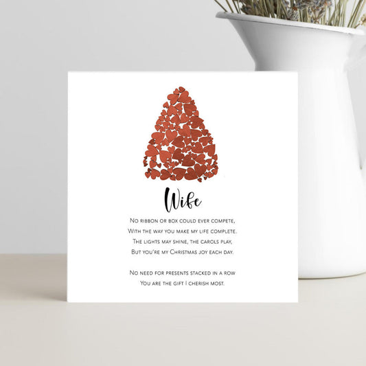 Card with red abstract hearts Christmas tree design with love poem for a wife at Xmas.