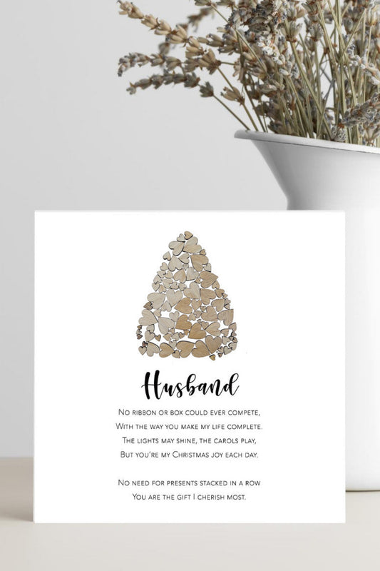 Card with Christmas tree design and short poem for a husband at Xmas